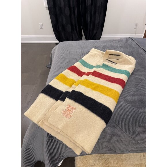 Vintage Hudson Bay HBC 4 Point Stripes Large Wool Blanket Throw Made in England - Picture 12 of 16